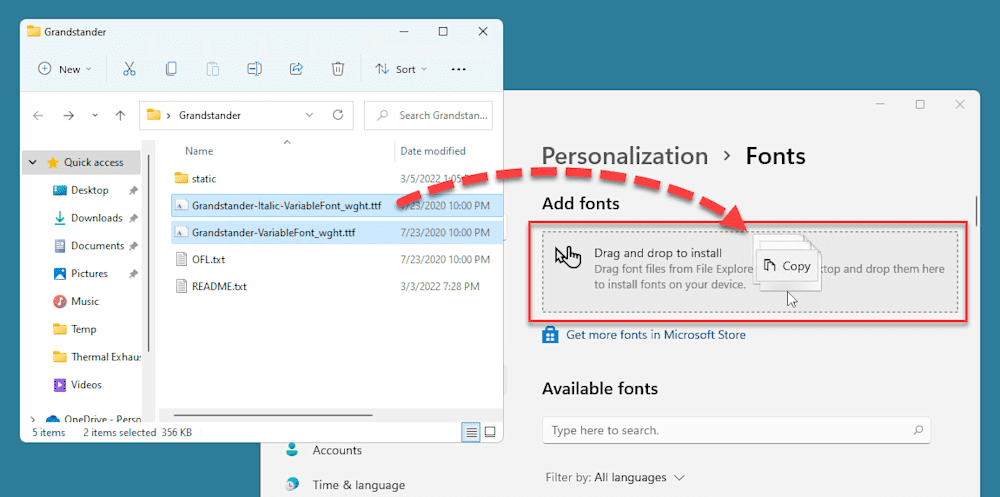 Dragging font files into the font setting window.