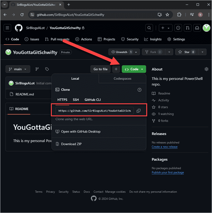 Locating and copying a GitHub repository URL.