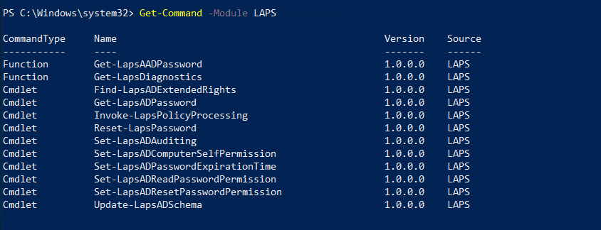 PowerShell output showing available Windows LAPS cmdlets including Get-LapsADPassword and Update-LapsADSchema.