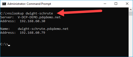 Screenshot of the results of NSLookup in the Command Prompt, showing the server and its IP address, along with the computer name and its IP address.