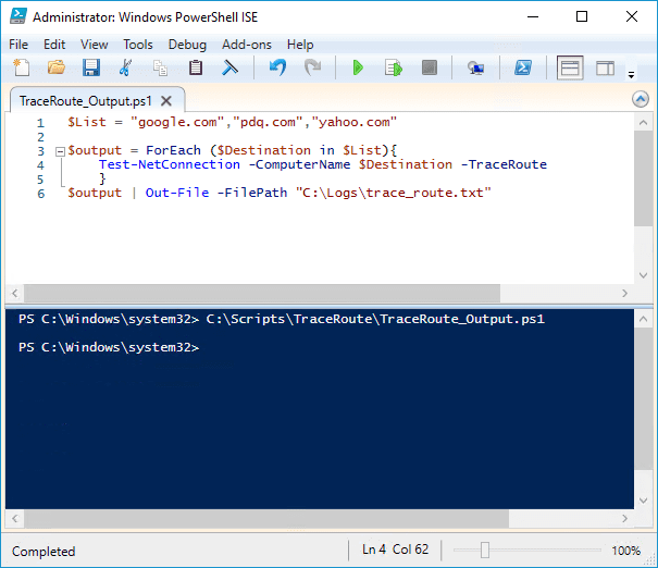 PowerShell ISE window running a script with Test-NetConnection -TraceRoute against multiple domains and exporting results to a log file.