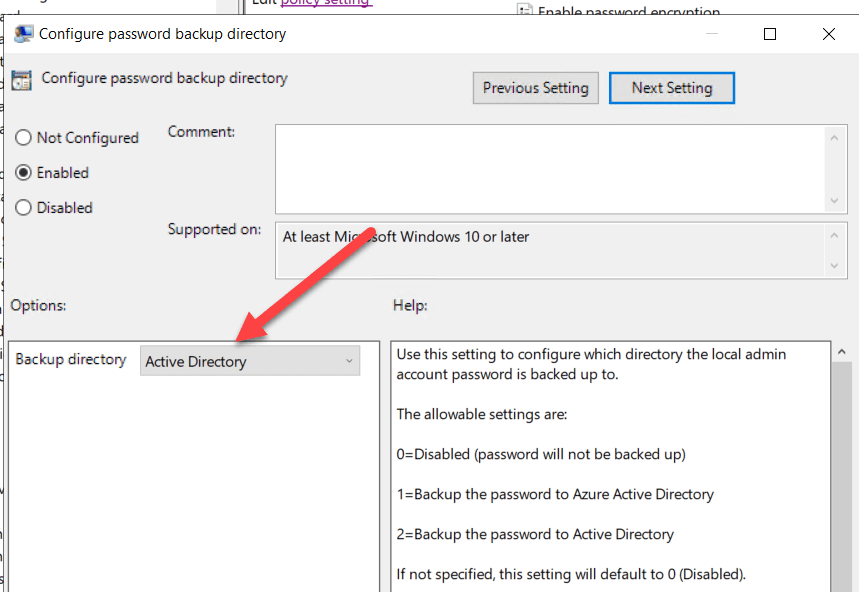 Windows LAPS GPO setting showing Active Directory selected as the password backup directory.