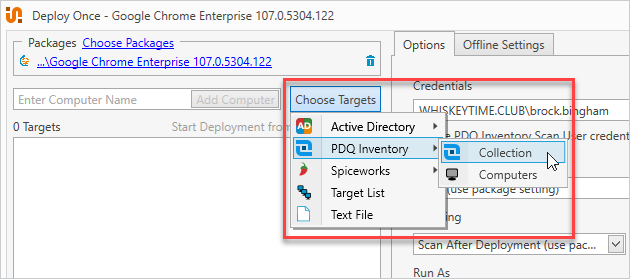 Adding a PDQ Inventory collection as the deployment target