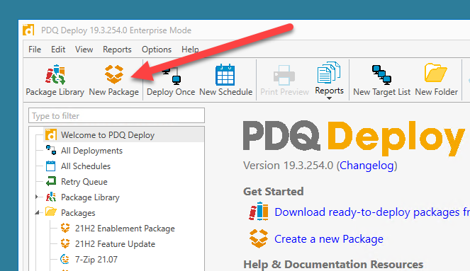 Creating a new package in PDQ Deploy.