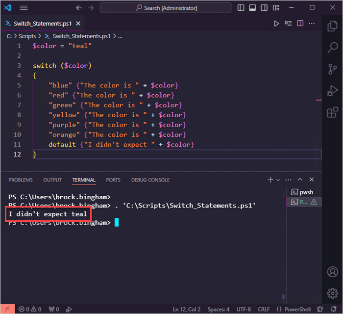 PowerShell switch statement example number two.
