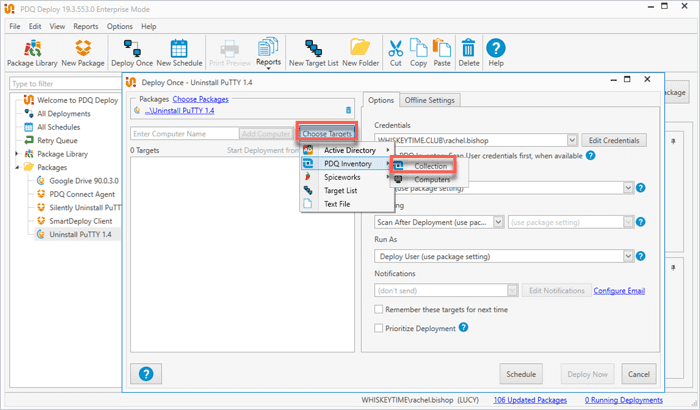 Screenshot of the PDQ Deploy UI showing what happens when you click Choose Targets, hover over PDQ Inventory, and click Collection.