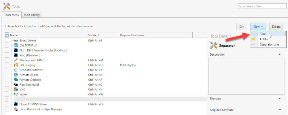 ensure the Toole Menu tab is selected, then click on New Tool