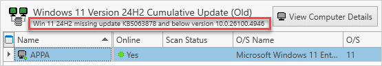 PDQ Inventory results for Windows 11 24H2 Cumulative Update (Old) showing a device missing the current cumulative update.