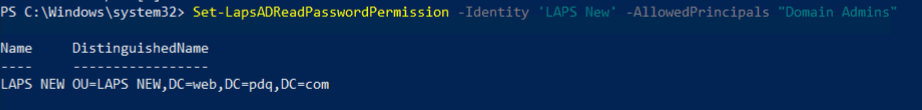 PowerShell command granting Domain Admins read access to Windows LAPS passwords in Active Directory.
