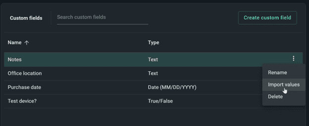Screenshot of PDQ Connect interface showing "Import values" in the "Custom fields" tab.