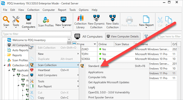 Manually running a standard scan in PDQ Inventory.