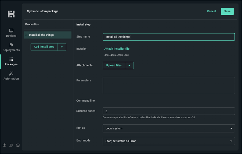 PDQ Connect's install step properties.