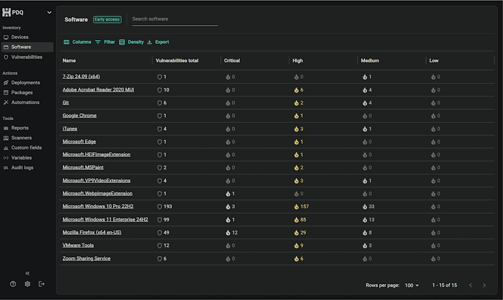 PDQ Software dashboard displaying applications like Windows, Firefox, Chrome, and Edge with total vulnerabilities broken down by critical, high, medium, and low severity.