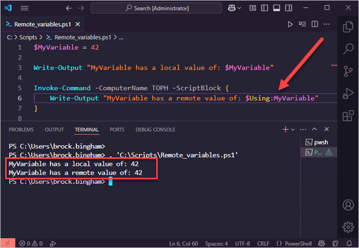 A PowerShell script that utilizes the "Using:" scope modifier to call locally defined variables in a remote command.