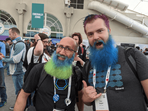 Matching colorful beards at KubeCon