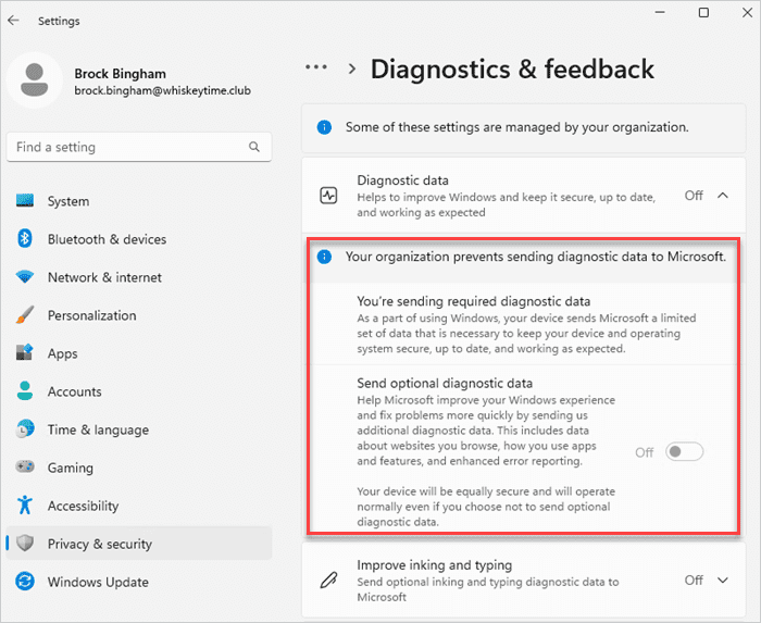 Verifying the registry changes modify the diagnostic option in the settings app.