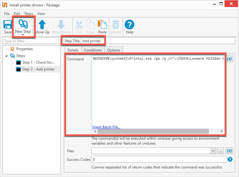 A screenshot showing new step creation in PDQ Deploy.