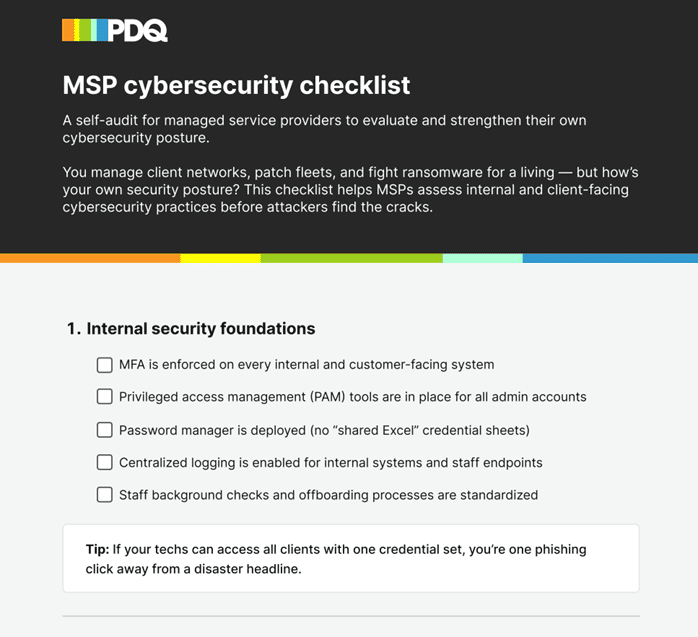 Top section of the PDQ MSP cybersecurity checklist showing the title, overview text, and Internal security foundations list with five checklist items and a tip about securing credential access.