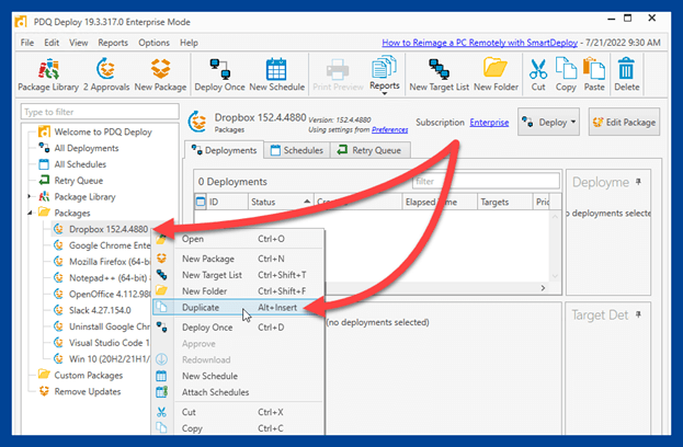 In PDQ Deploy right-click on the Dropbox package and click Duplicate