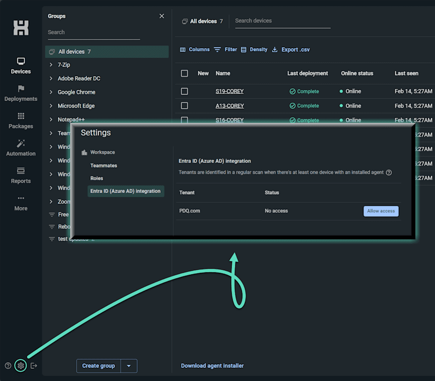 Screen shot of the PDQ Connect UI showing how to set up the Entra ID integration.