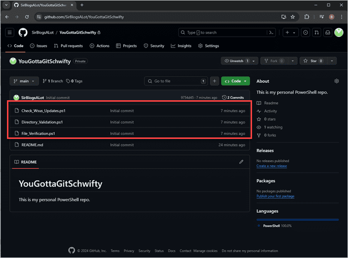 Verifying the commit from VS Code in GitHub.