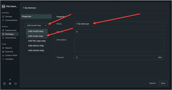 Screenshot showing the Add install step drop-down menu, the Add script step option, and the name field.