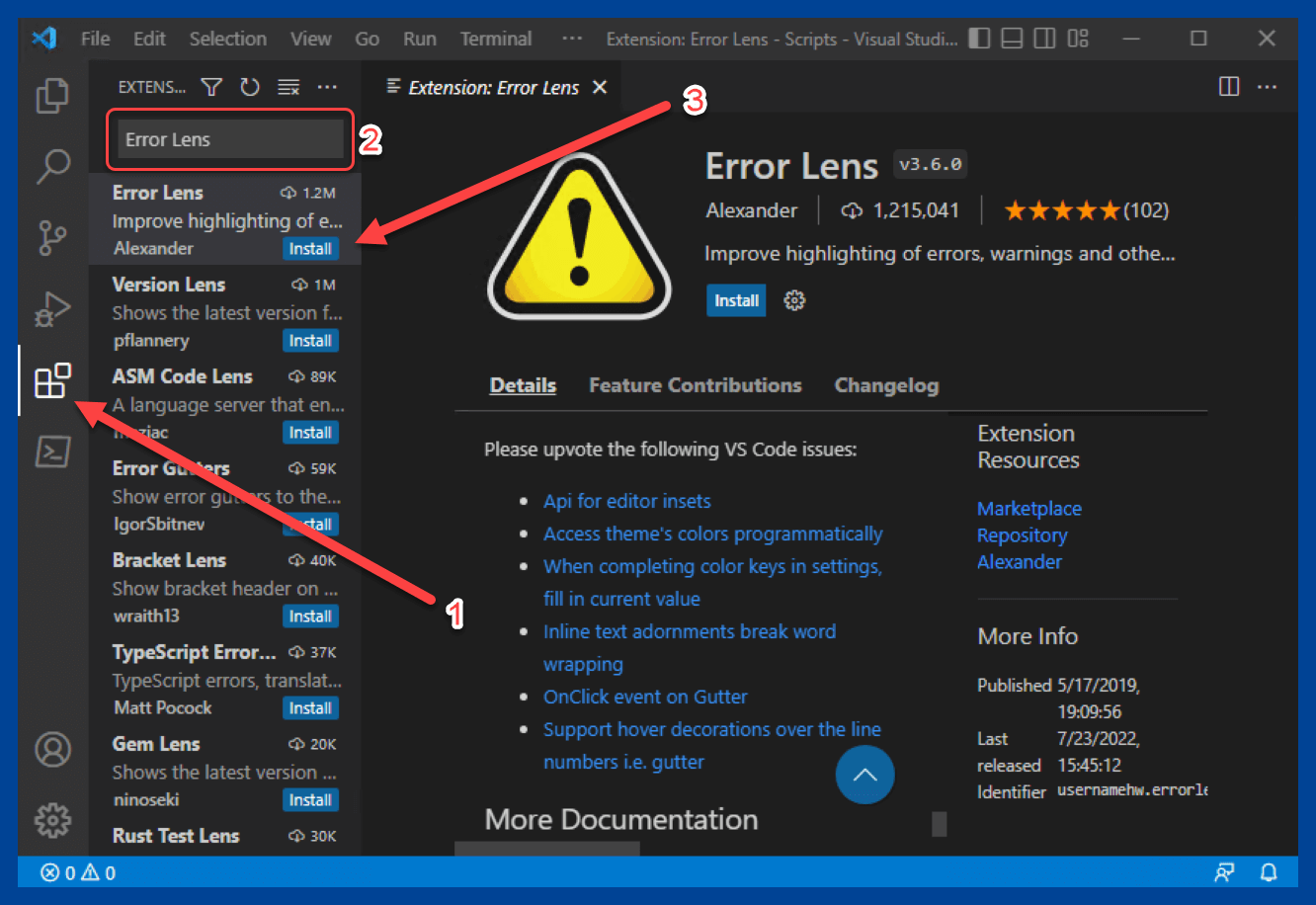 Adding the Error Lens extension to VS Code