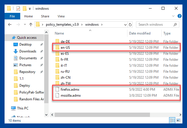 File Explorer window showing firefox.admx and mozilla.admx files in the en-US folder of policy templates.