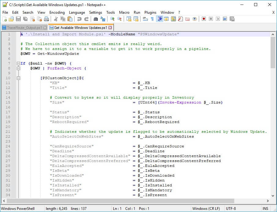 Screenshot of a PowerShell script in Notepad++.