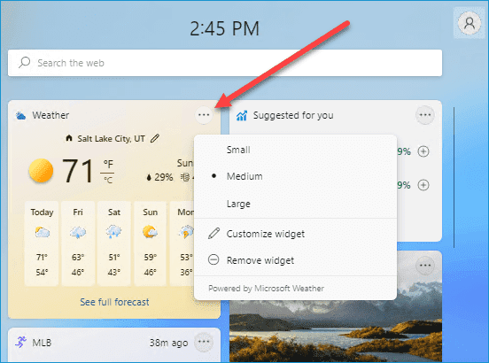 Customization menu for a widget in Windows 11, showing options to resize, customize, or remove the widget.
