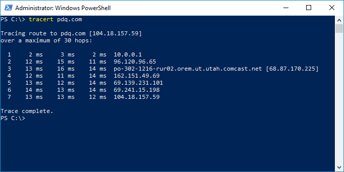PowerShell window showing tracert command to pdq.com with seven hops and round-trip times in milliseconds.