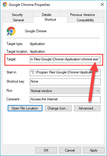Screenshot of the Target field in the Shortcut tab in Google Chrome Properties.