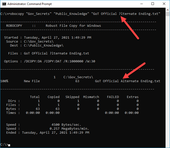 Screenshot of the Command Prompt showing what happens when you run the above code, explained in the following text.