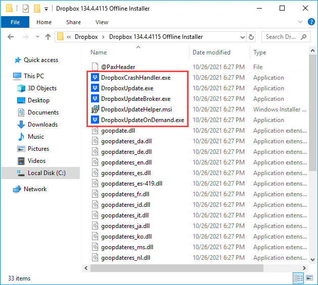 Installer contents showing .EXE, .MSI, .DLL files in Dropbox.exe package