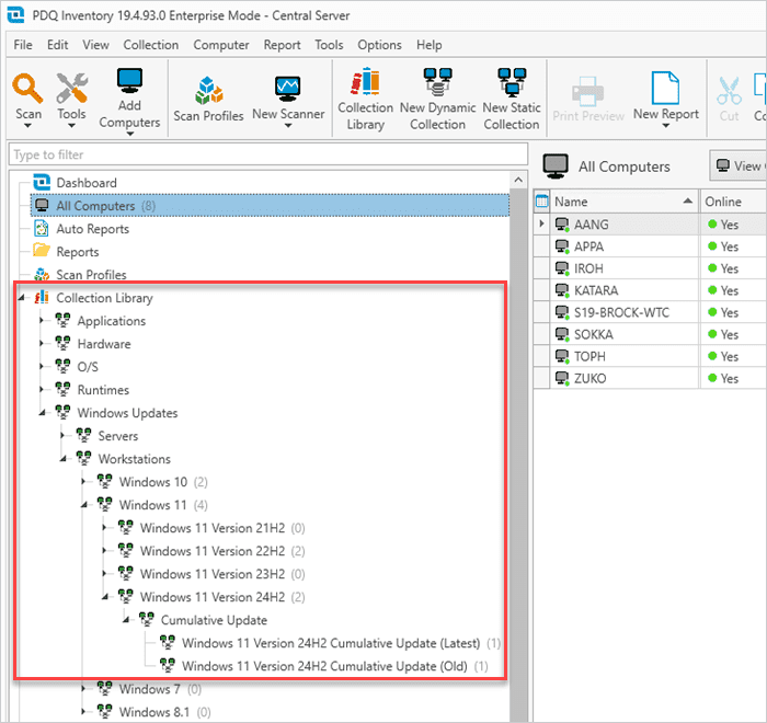 Screenshot of the expanded menu tree in PDQ Inventory, showing Collection Library > Windows Updates > Workstations > Windows 11 > Windows 11 Version 24H2 > Cumulative Update.