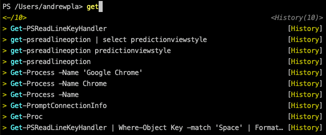 PowerShell terminal showing command history suggestions after typing get, including commands like Get-Process and Get-PSReadLineKeyHandler with predictive history enabled.