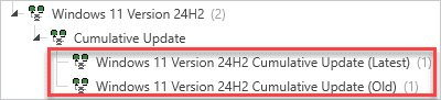 Close-up of PDQ Inventory showing Windows 11 Version 24H2 Cumulative Update collections labeled Latest and Old.