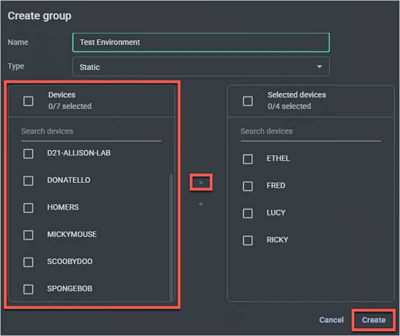 A screenshot showing how to add devices to a static group in PDQ Connect.