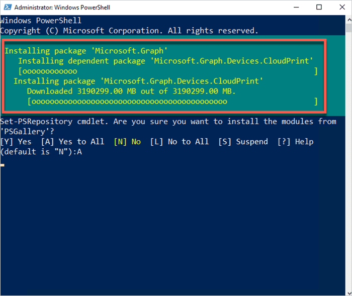 A screenshot of the microsoft.graph module being installed in PowerShell
