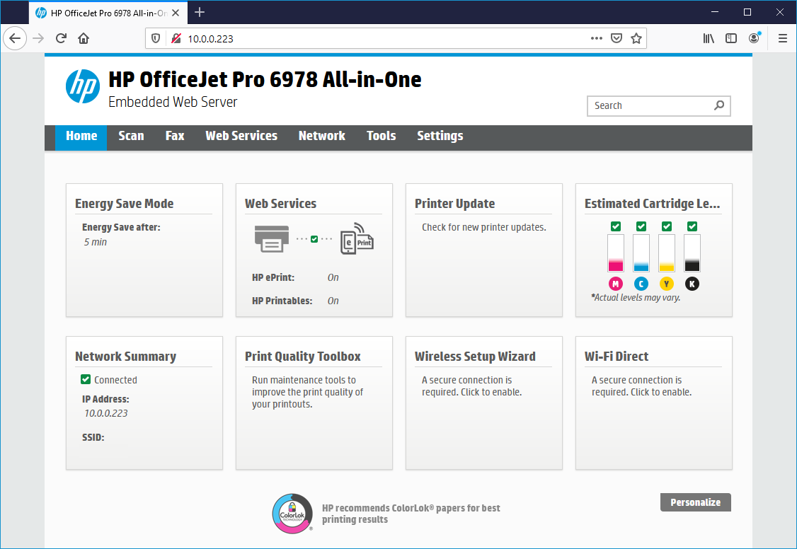  HP embedded web server page