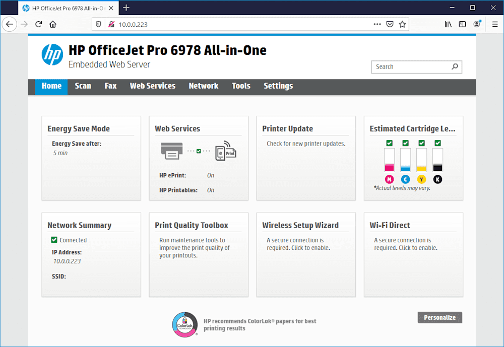 HP embedded web server page