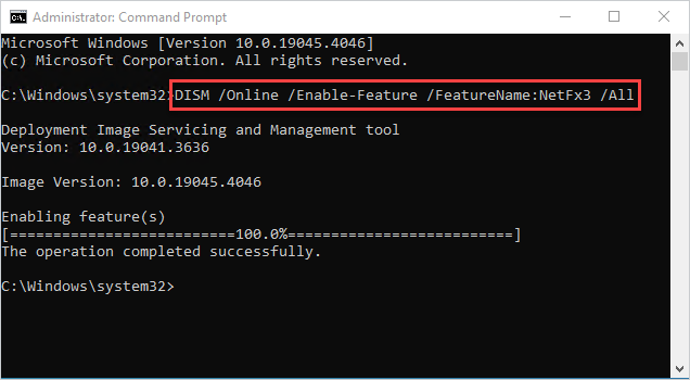 Enabling .NET Framework 3.5 with the Command Prompt.