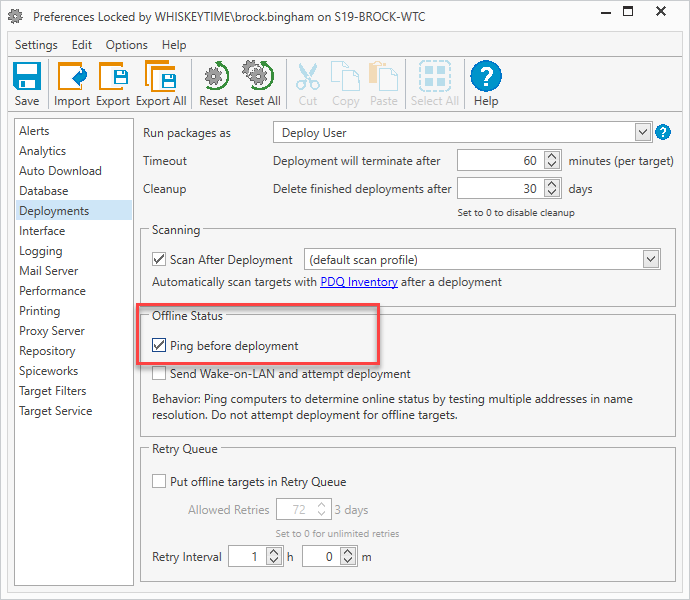 Configure the Ping before deployment setting.