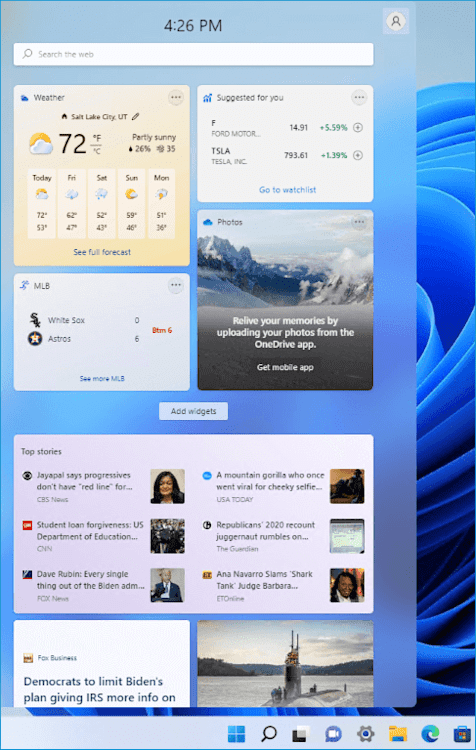 Windows 11 widgets panel showing current weather, financial updates, sports scores, and news headlines at 4:26 PM.
