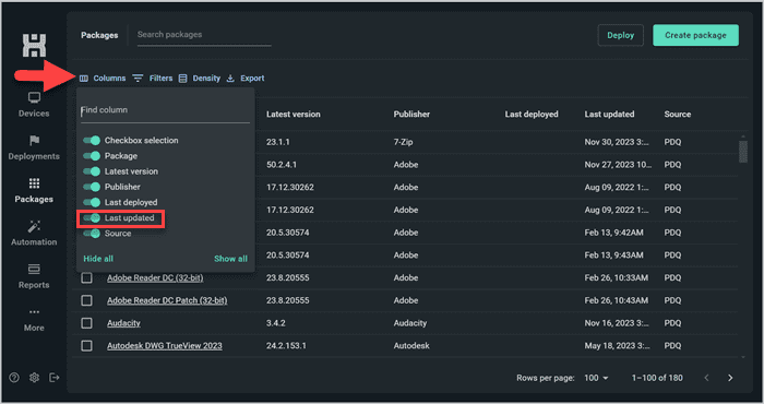 Screenshot showing how to change which fields are visible in PDQ Connect.