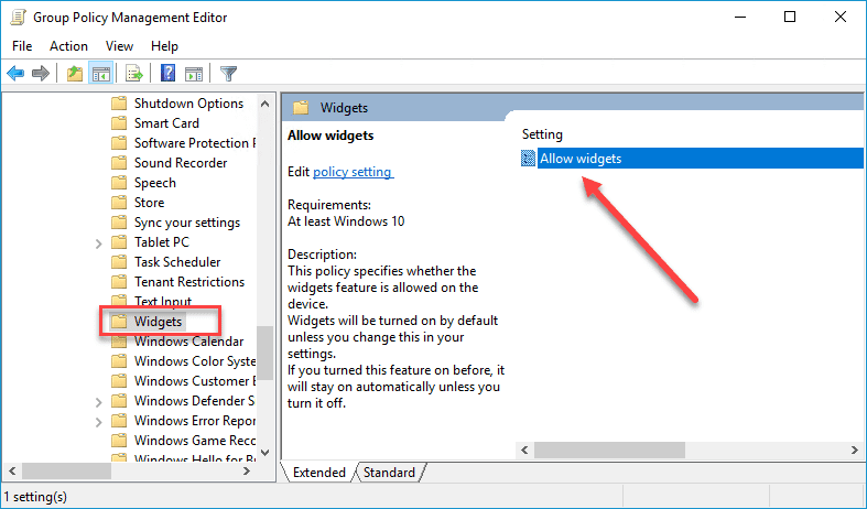 Group Policy Management Editor open to the Widgets section with the “Allow widgets” policy setting selected.