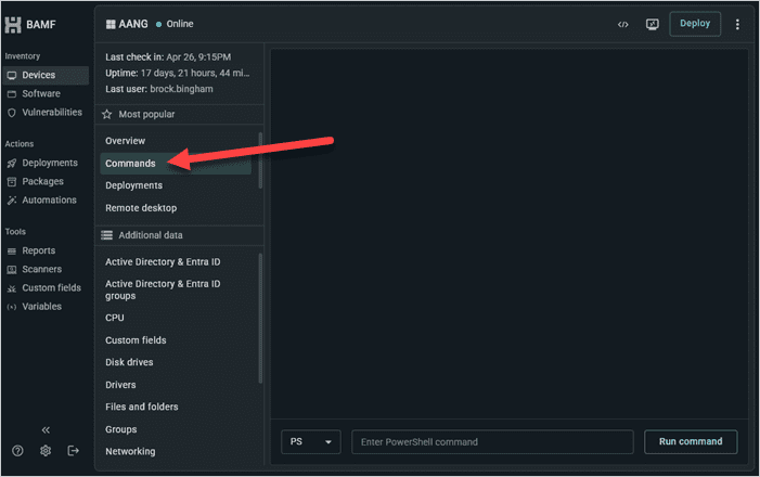 Running commands from the Commands tab in PDQ Connect.