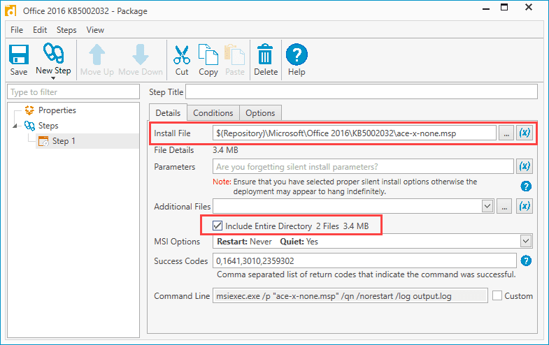 Completed PDQ Deploy package ready for .msp deployment