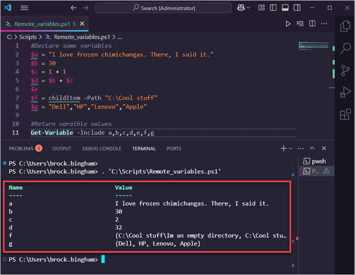 A script creating several different types of variables in PowerShell.