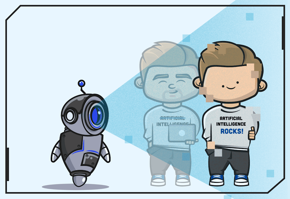 Cartoon showing sysadmin fading into the background as AI projects a new, deepfake version of him that is pixelated.